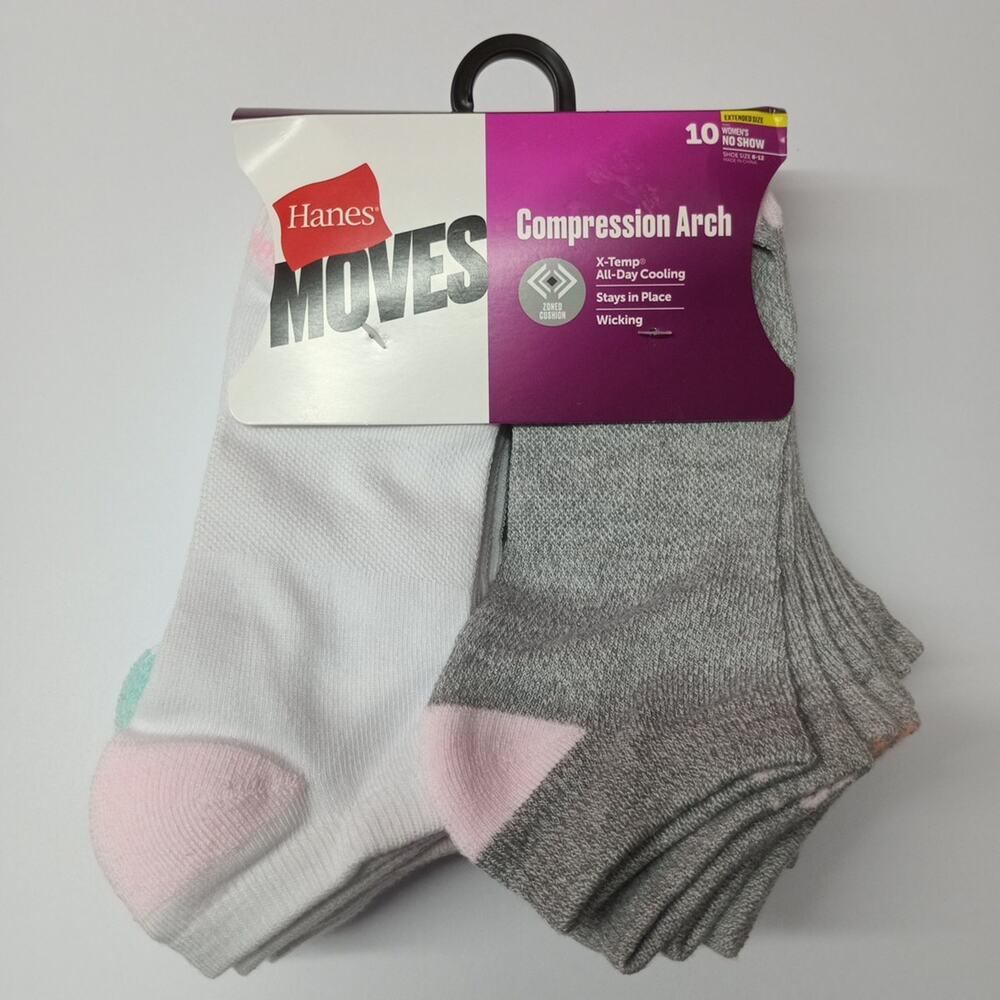 Hanes Moves No Show Compression Arch Socks 10 Pair Women's Shoe Size 8-12 Assort